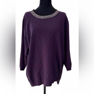 🆕Cathy Daniel’s ladies 1X purple studded “Holiday” sweater NWT 3/4 sleeve cotto